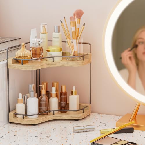 2-Tier Corner Bathroom Counter Organizer, Larger, Light Walnut - Image 3