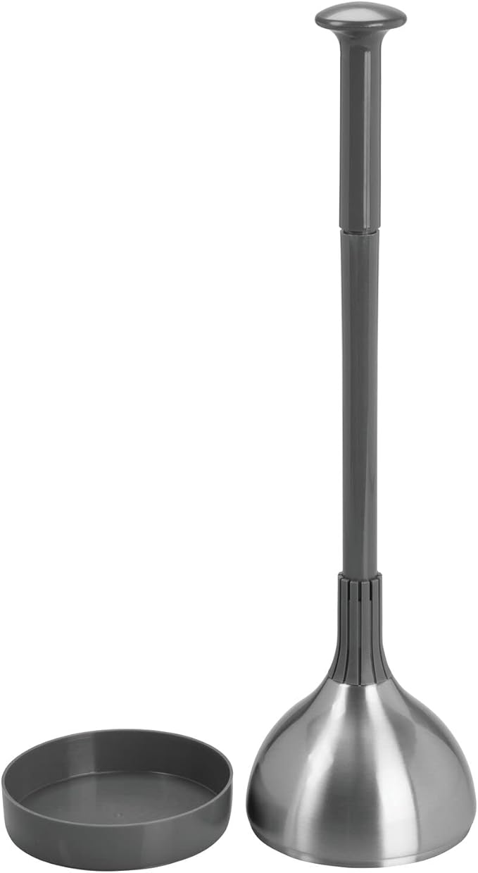mDesign Bathroom Toilet Bowl Plunger Set with Lift & Lock Cover, Compact Discreet Freestanding Storage Caddy with Base, Modern Design - Heavy Duty Gray/Brushed Stainless Steel