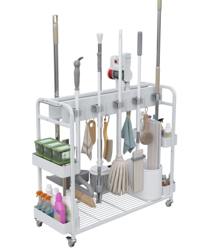Broom and Mop Holder with Cleaning Supplies Organizer (White) - Image 2