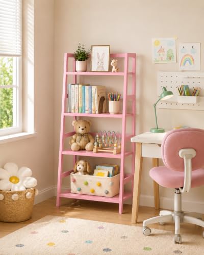 Pink Ladder Shelf, 4-Tier Bamboo Bookshelf & Bookcase Organizer - Image 7