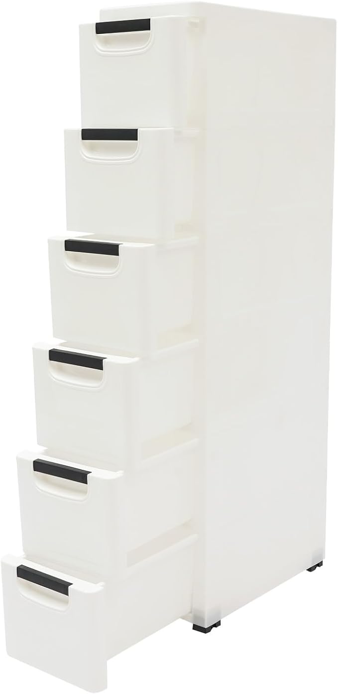 6 Drawers Plastic Storage Cabinet, Mobile Slim Utility Cart on Wheels, for Narrow Space Office Classroom Bedroom Bathroom (White)