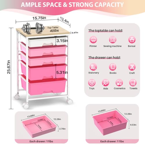 Rolling Cart with 5 Drawers for Craft, Art, Dorm, Office, Pink - Image 3