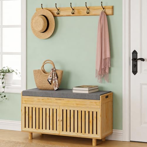 Shoe Storage Bench Coat Rack Set, 35.4" Bamboo Hall Tree - Image 2