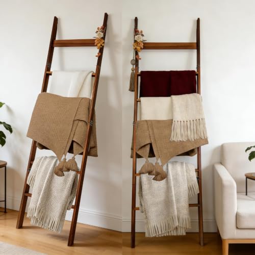 Foldable Blanket Ladder 6 Tier, 68" Solid Wood Quilt Rack - Image 7