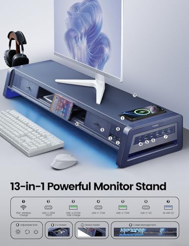 Vaydeer All-in-One Dual Monitor Stand Riser with 2 Drawers, 8USB - Image 3