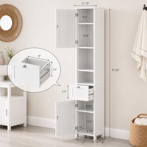 Basicwise White Tall Narrow Linen Tower Cabinet Freestanding - Image 4