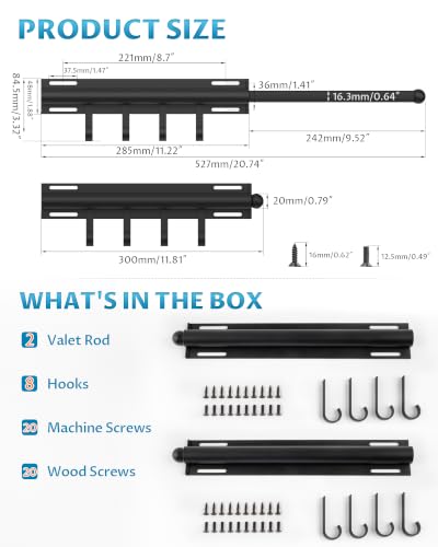 Onemake 12" Valet Rod for Closet Pull Out with 8 Hooks, 2-pack - Image 3
