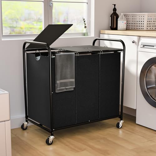 180L Laundry Sorter 3 Section, Rolling Laundry Basket with Wheels - Image 2