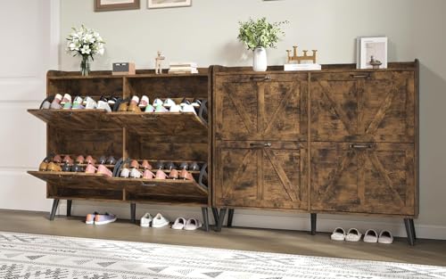 Farmhouse Shoe Cabinet Storage with 4 Flip Drawers, Rustic - Image 6