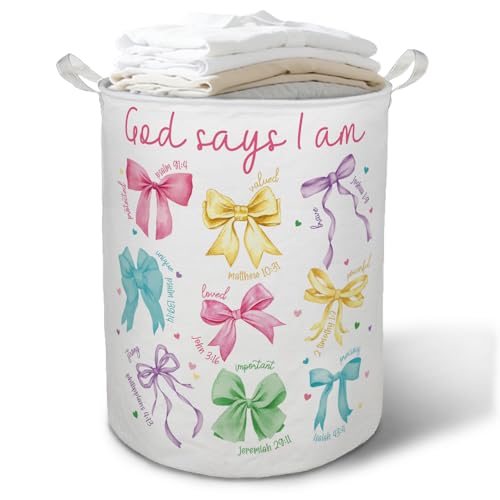 God Says I Am Colorful Bow Laundry Basket Hamper, Coquette - Image 2