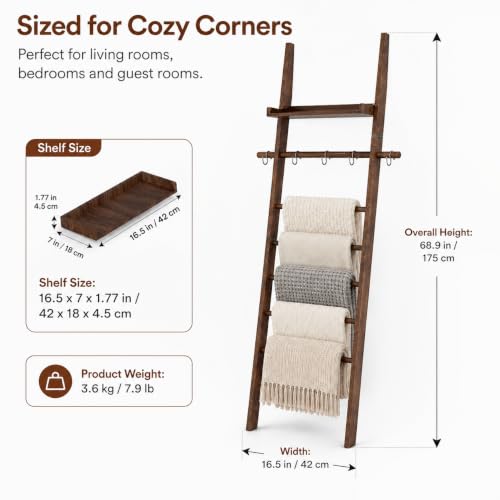 6-Tier Farmhouse Wooden Blanket Ladder with Shelf | Garage Storage - Image 4