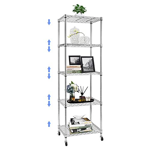 5 Tier Wire Shelving Unit With Wheels, Adjustable Narrow Metal - Image 2