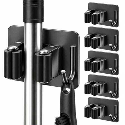 Broom Holder Wall Mount Self Adhesive 5 Pack, Matte Black - Image 2