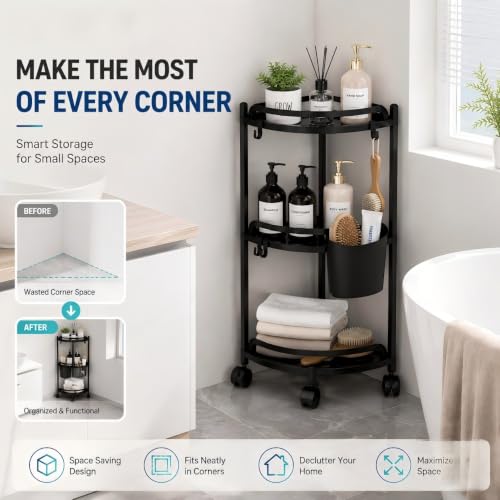 3 Tier Rolling Corner Organizer with Wheels, Freestanding Storage - Image 4