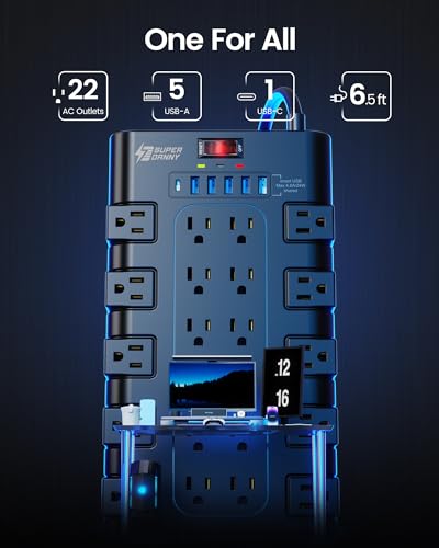 SUPERDANNY Power Strip Surge Protector, 22 AC 6 USB - Image 3
