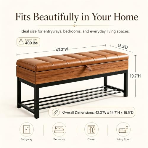 43.3'' Storage Bench with Shoe Rack, Tufted Entryway Bench - Image 3