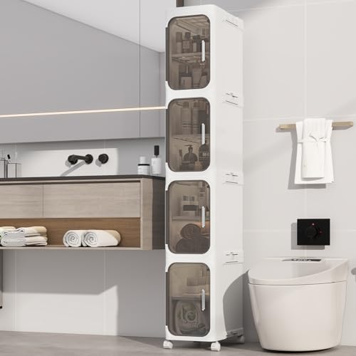 4 Tier Slim Bathroom Storage Cabinet, Foldable and Movable, White - Image 2