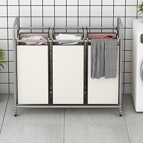 LINZINAR 3 Section Laundry Hamper Sorter, Beige Laundry - Image 3