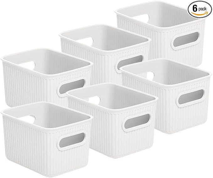 Superio Ribbed Collection - Decorative Plastic Basket Open Home Storage Bins Organizer, Small White (6 Pack) Container Boxes for Organizing Closet Storage Bins for Shelves Drawer Shelf 1.5 Liter