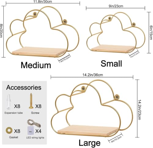 Golden Cloud Shape Floating Shelves with LED Lights Wall - Image 3