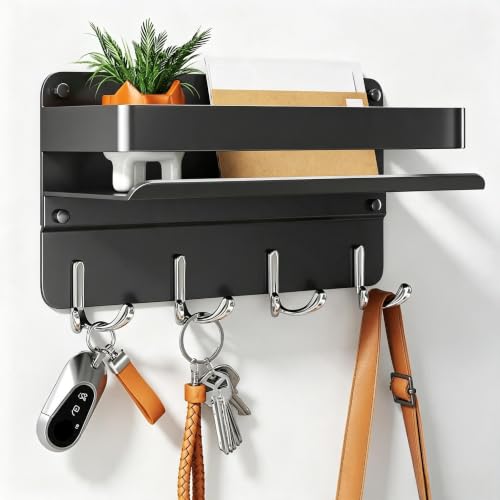 Modern Key Holder Wall Mount with Shelf, Metal Mail Holder - Image 2