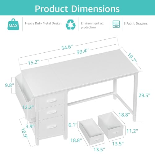 Lufeiya White Computer Desk with Fabric File Drawers Cabinet, 55 - Image 4