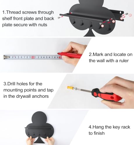 Gurfuy Key Holder for Wall with Shelf - Black Clubs Metal - Image 5