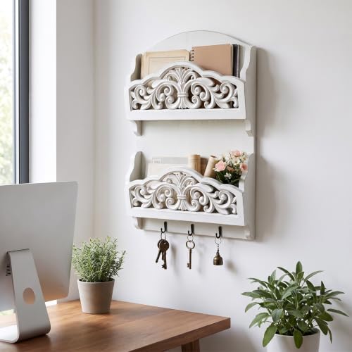 Rustic Key and Mail Holder, 2 Slot Wall Organizer with 3 - Image 3