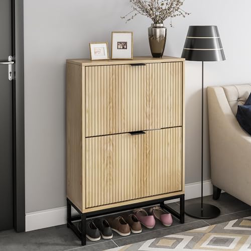 Shoe Storage Cabinet with 2 Flip Drawers Modern Fluted Shoe Rack - Image 2