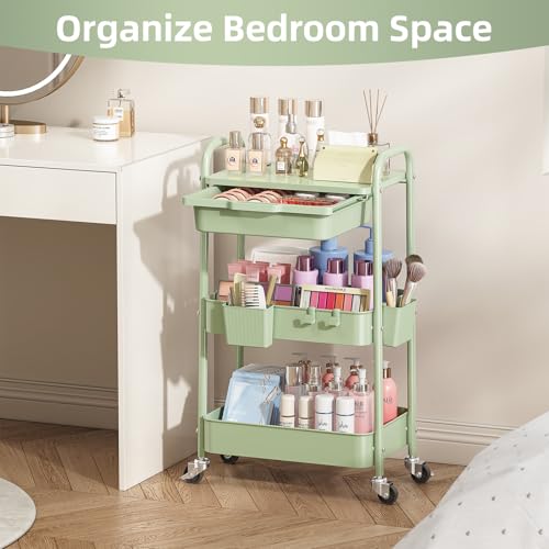 KINGRACK 3 Tier Metal Rolling Cart with Drawer, Green Utility - Image 7