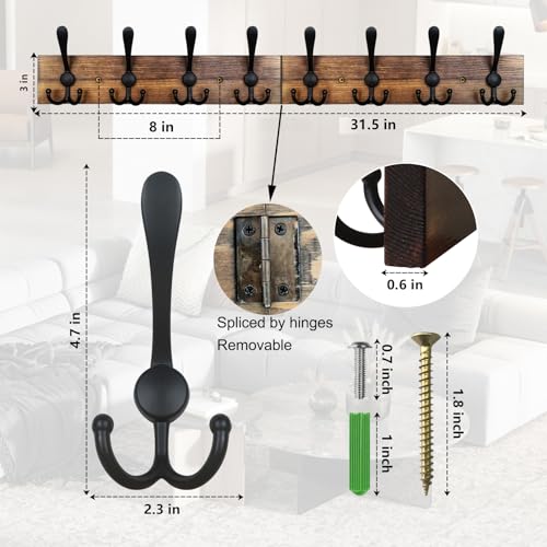 Coat Rack Wall Mount 31.5'' Coat Hanger Wall Mount Burnt - Image 4