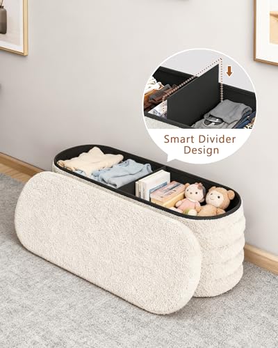 Storage Ottoman Bench, 43" Entryway Shoe Seat, Sherpa White - Image 3