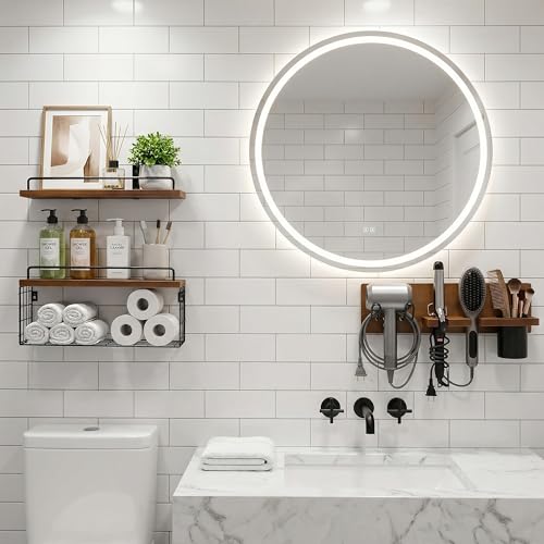 3-Tier Bathroom Floating Shelves with Hair Dryer Holder, Brown - Image 3