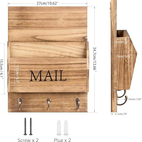Rustic Wood Mail Organizer with Key Holder - Wall Mounted - Image 4