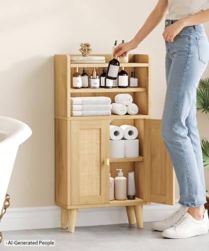 Rattan Small Bathroom Storage Cabinet with Open Shelf 2 Doors Oak - Image 4