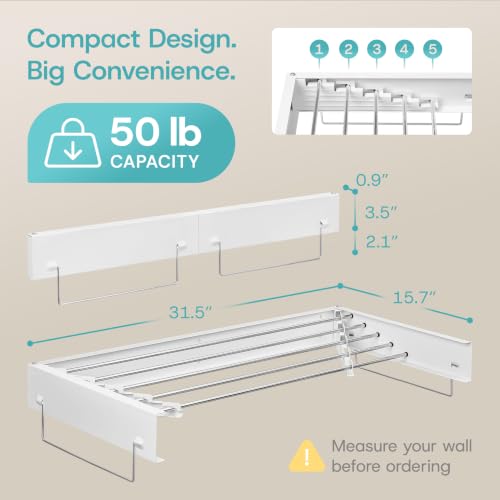31.5 Inch 5-Rod Foldable Wall Drying Rack, Stainless Steel, White - Image 3