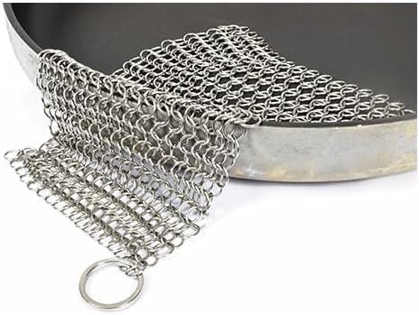 304 Stainless Steel Cast Iron Scrubber - 7 x 7 Inches Cleaner Chainmail Dish Scouring Pad for Dishwasher Cleaning - Chainmail Scrubber for cast Iron Pans - Dutch Ovens Grills