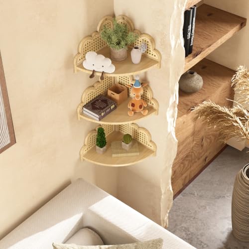 Cloud Rattan Corner Floating Shelves,3 Pack Solid Wood Boho - Image 3