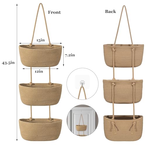 3 Tier Wall Mounted Woven Hanging Basket, Over the Door - Image 4