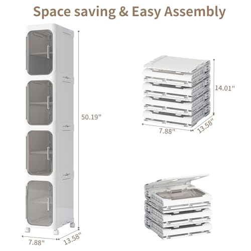 4 Tier Slim Bathroom Storage Cabinet, Foldable and Movable, White - Image 3