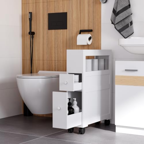 HOMCOM Slim Bathroom Storage Cabinet with Wheels and 2 - Image 3