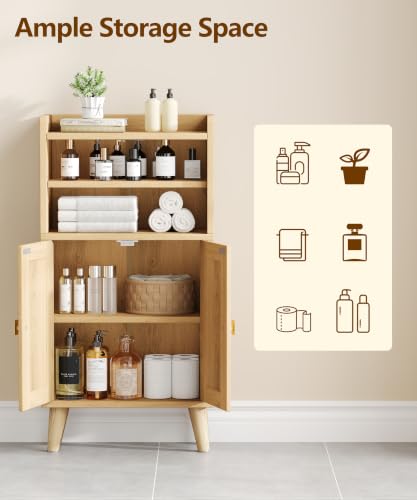 Rattan Small Bathroom Storage Cabinet with Open Shelf 2 Doors Oak - Image 6