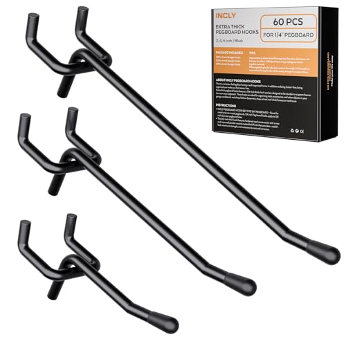 INCLY 60 Pack 2/4/6 Inch Black Pegboard Hooks, 1/4" Heavy Duty - Image 2
