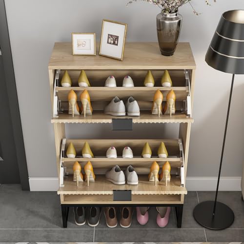 Shoe Storage Cabinet with 2 Flip Drawers Modern Fluted Shoe Rack - Image 5