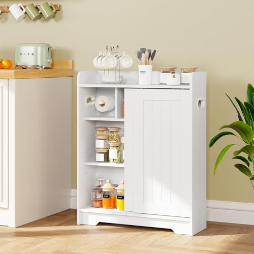 Bathroom Floor Cabinets,Storage Cabinet with Sliding Door,White - Image 5