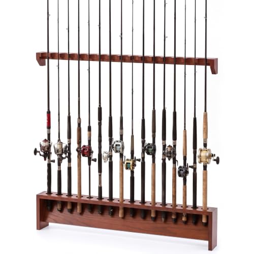16-Rod Fishing Rod Rack, Wall Mount Oak Wood Pole Holder, Walnut - Image 2