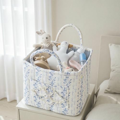 Quilted Fabric Car Storage Basket with Handles & Pocket - Image 7