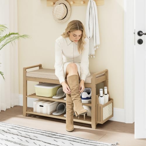 Homaxy 2-Tier Shoe Rack Bench, 28.2 in, Walnut and Light Brown - Image 6