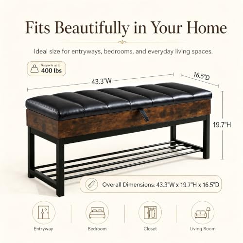 43.3'' Storage Bench with Shoe Rack, Tufted Entryway Bench - Image 3