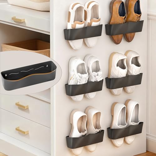 6Pack Wall Mounted Shoe Rack, Adhesive & Drill Mount - Black - Image 2